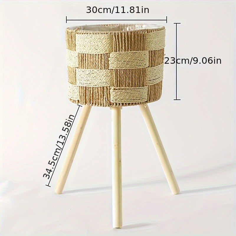 Bohemian Handwoven Bamboo Flower Stand | Artisan Rattan Planter with Elegant Wooden Legs