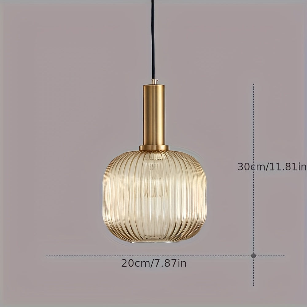 Modern Brass Pendant Light with Striped Ribbed Glass Shade