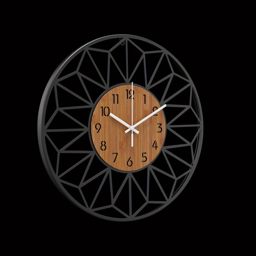 Modern Metal Wall Clock with Elegant Wood-Grain Center Design