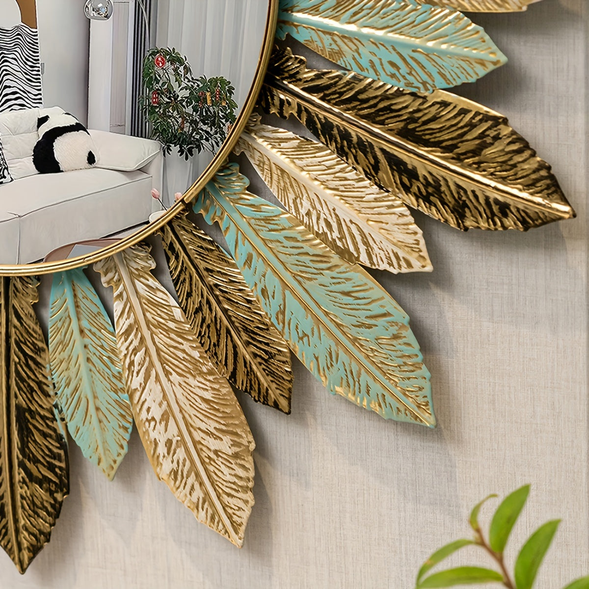 Bohemian Sunburst Metal Wall Mirror – Teal and Gold Leaf Accent Design