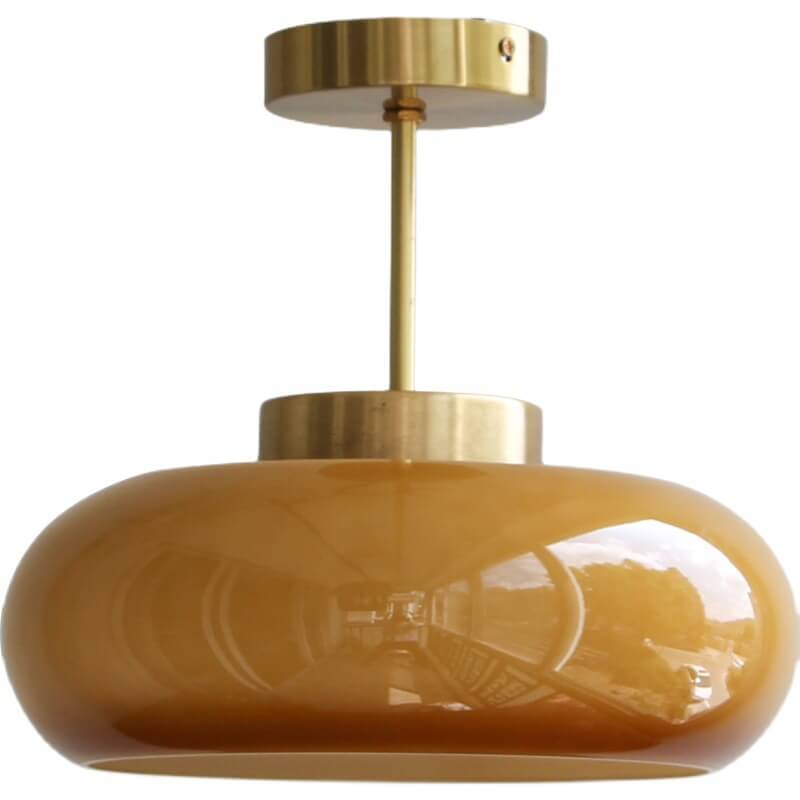 Vintage Brass Ceiling Light with Yellow Glass | Semi-Flush Mount