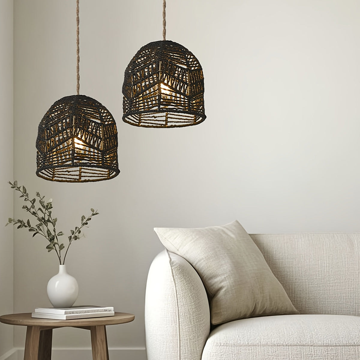 Handwoven Rope Pendant Light Shade – Rustic Farmhouse Chandelier Style