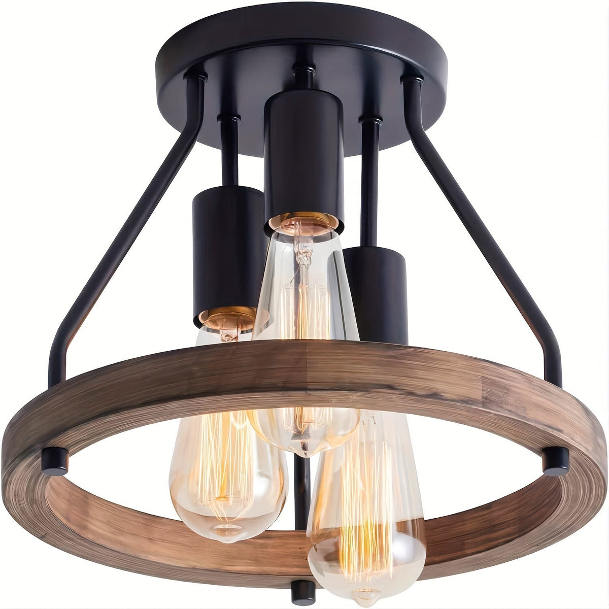 Industrial-Style Wood Ring Ceiling Light – 3-Light Semi-Flush Mount Fixture