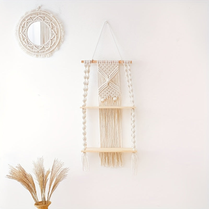 Boho Macrame Wall Shelf – Stylish 2-Tier Hanging Storage Rack
