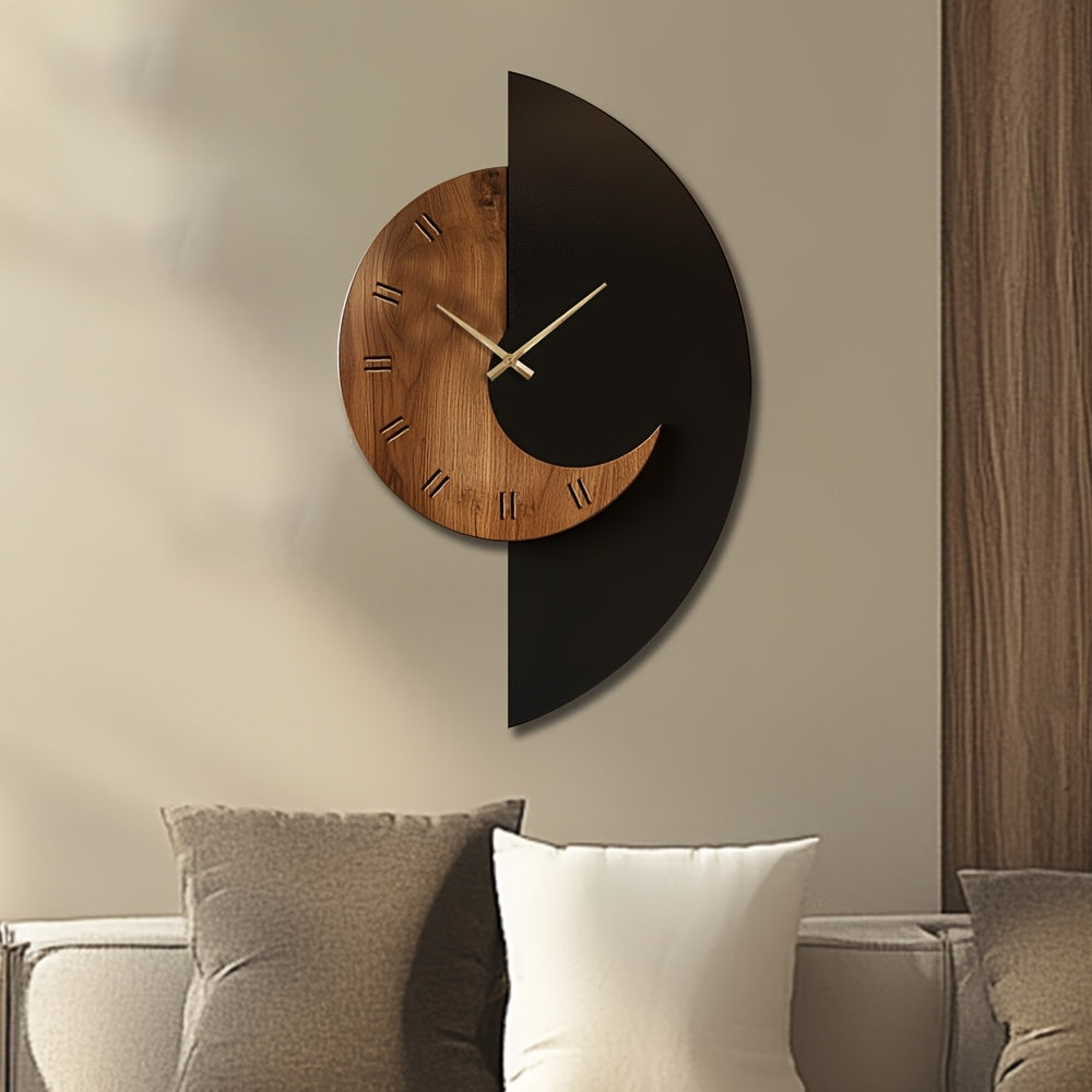 Modern Half-Moon Wooden Wall Clock – Silent Battery-Powered Design