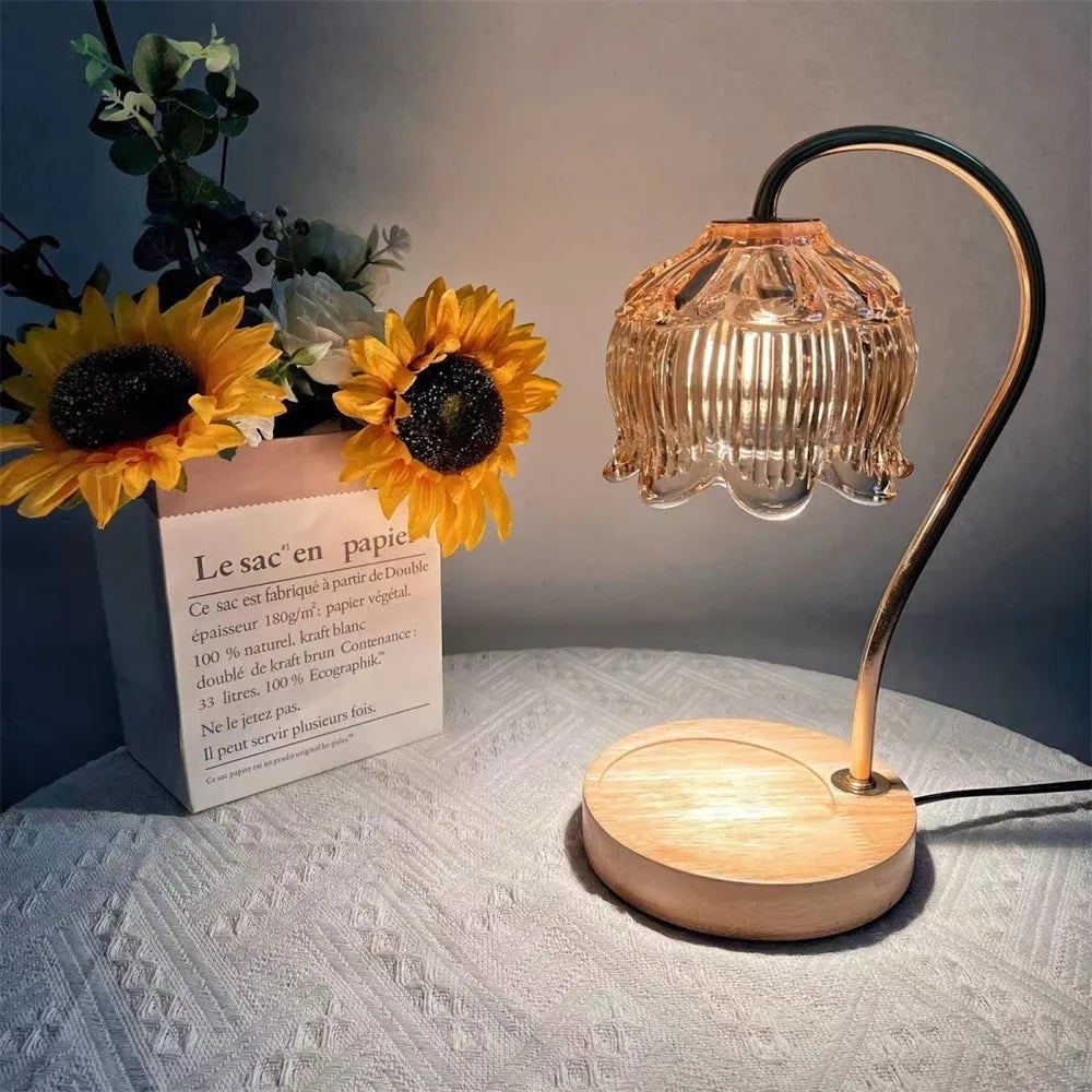 Elegant Candle Warmer Lamp – Retro Glass Shade with Solid Wood Base