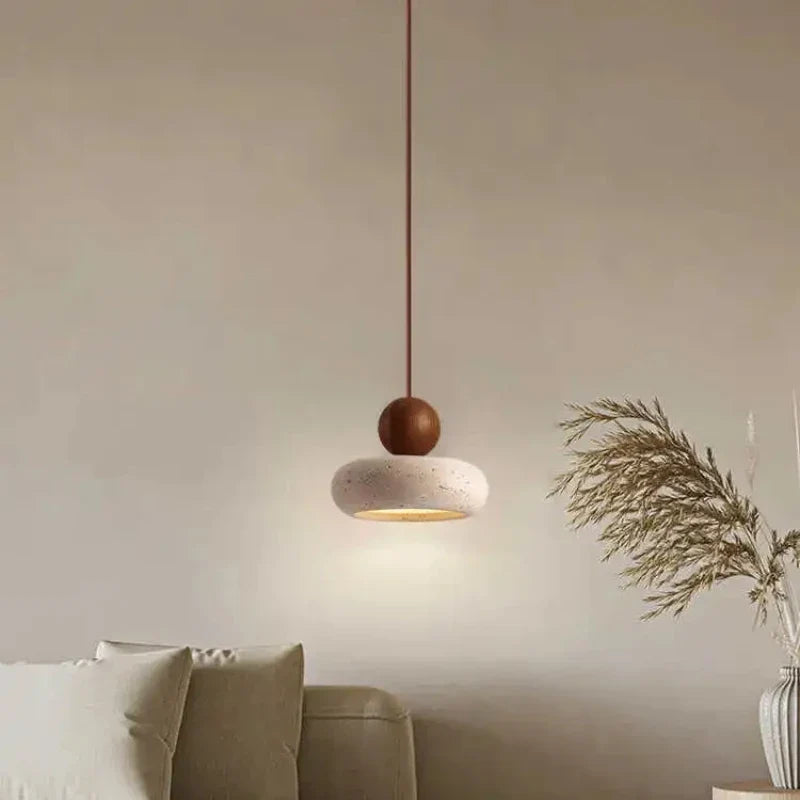 Natural Stone & Wood Pendant Light – Vintage Minimalist Hanging Lamp