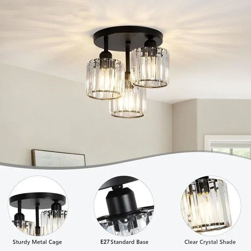 Modern Gold Luxury Crystal Ceiling Light | 3-Light Semi-Flush Mount Fixture