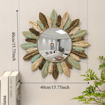 Bohemian Sunburst Metal Wall Mirror – Teal and Gold Leaf Accent Design