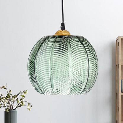 Retro Green Pumpkin Ribbed Glass Pendant Light | Stylish Hanging Ceiling Lamp