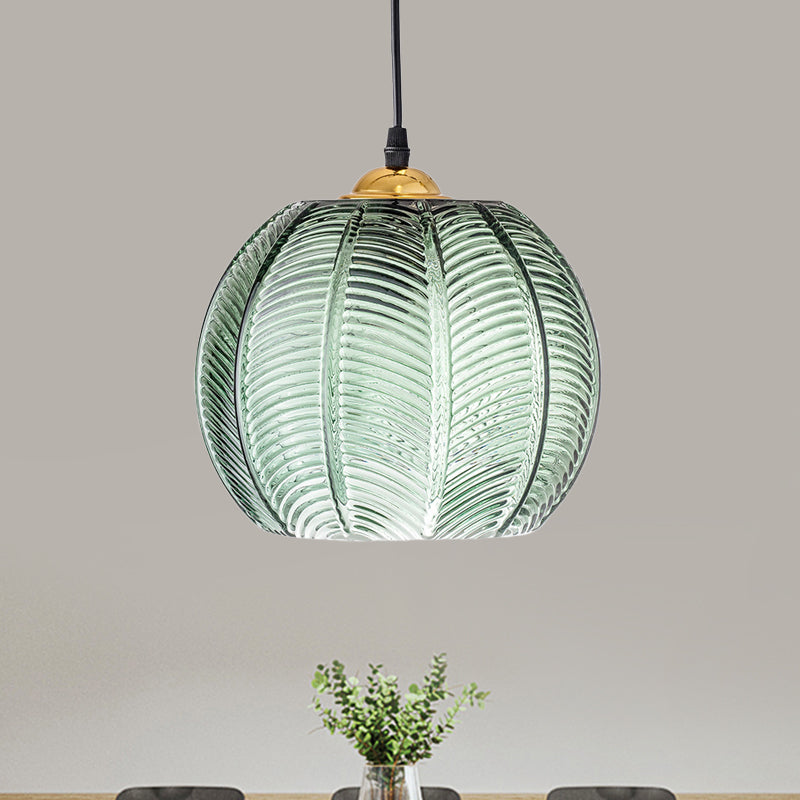 Retro Green Pumpkin Ribbed Glass Pendant Light | Stylish Hanging Ceiling Lamp