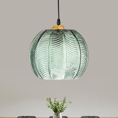 Retro Green Pumpkin Ribbed Glass Pendant Light | Stylish Hanging Ceiling Lamp