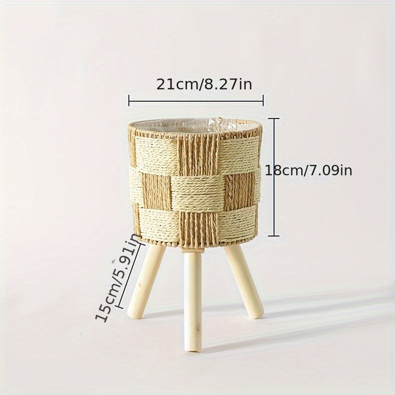 Bohemian Handwoven Bamboo Flower Stand | Artisan Rattan Planter with Elegant Wooden Legs