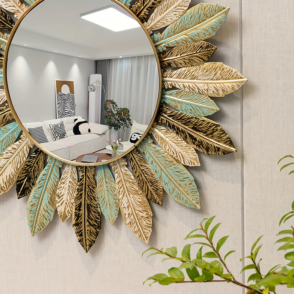 Bohemian Sunburst Metal Wall Mirror – Teal and Gold Leaf Accent Design