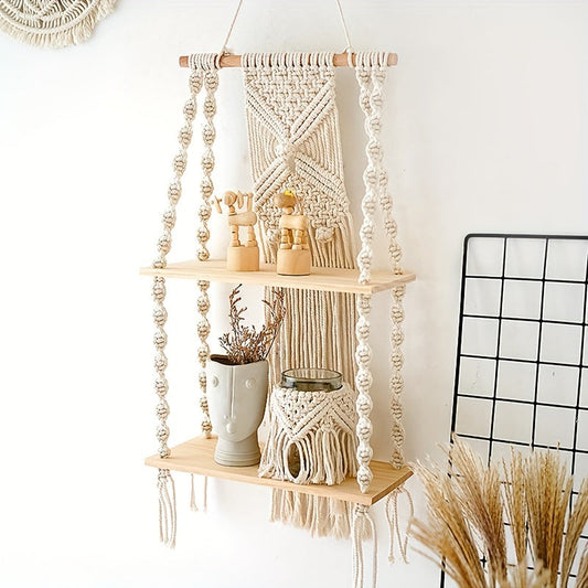 Boho Macrame Wall Shelf – Stylish 2-Tier Hanging Storage Rack