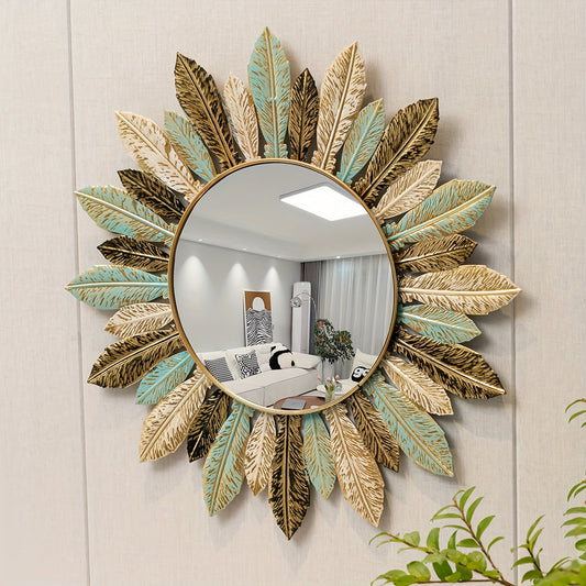 Bohemian Sunburst Metal Wall Mirror – Teal and Gold Leaf Accent Design
