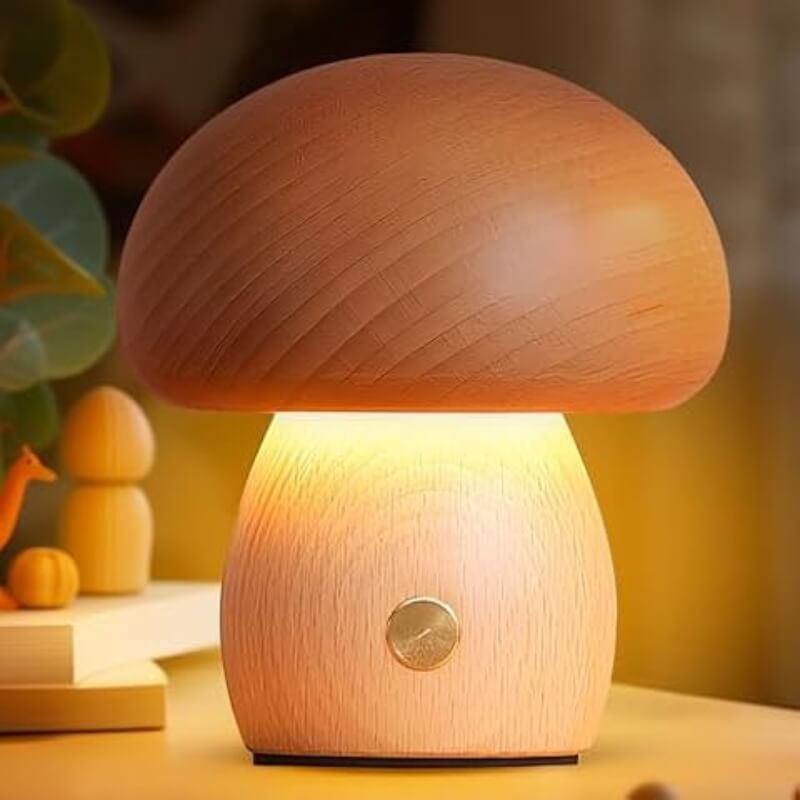 Portobello Mushroom Lamp | Natural Wood Rechargeable Night Light for Cozy Ambiance