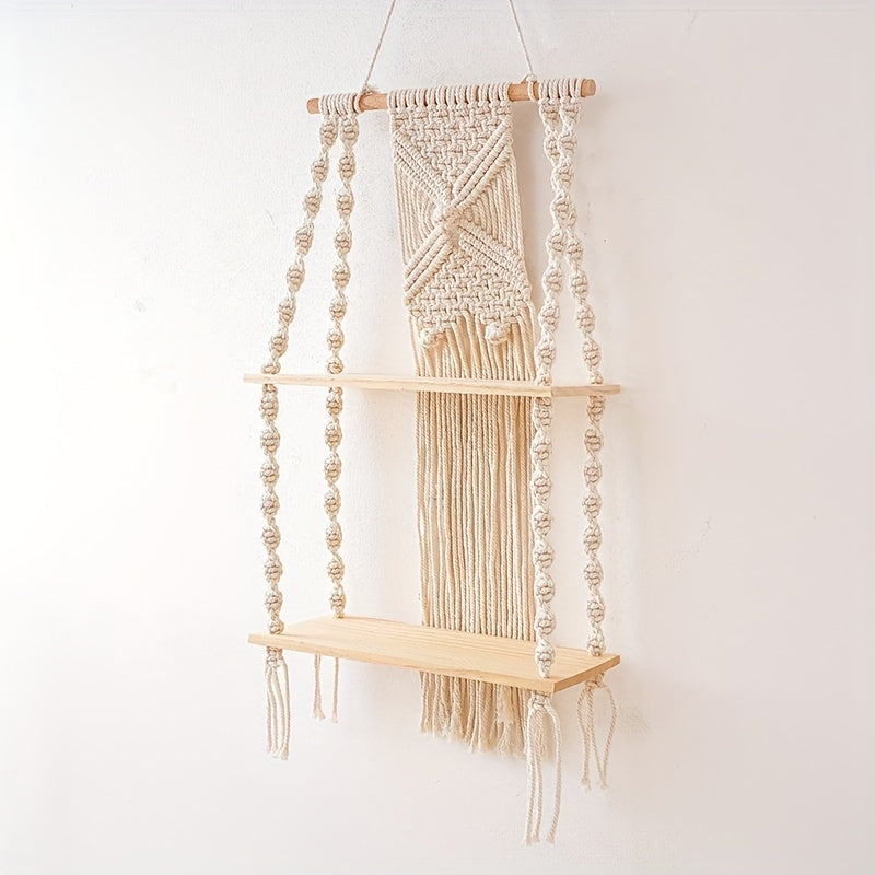 Boho Macrame Wall Shelf – Stylish 2-Tier Hanging Storage Rack