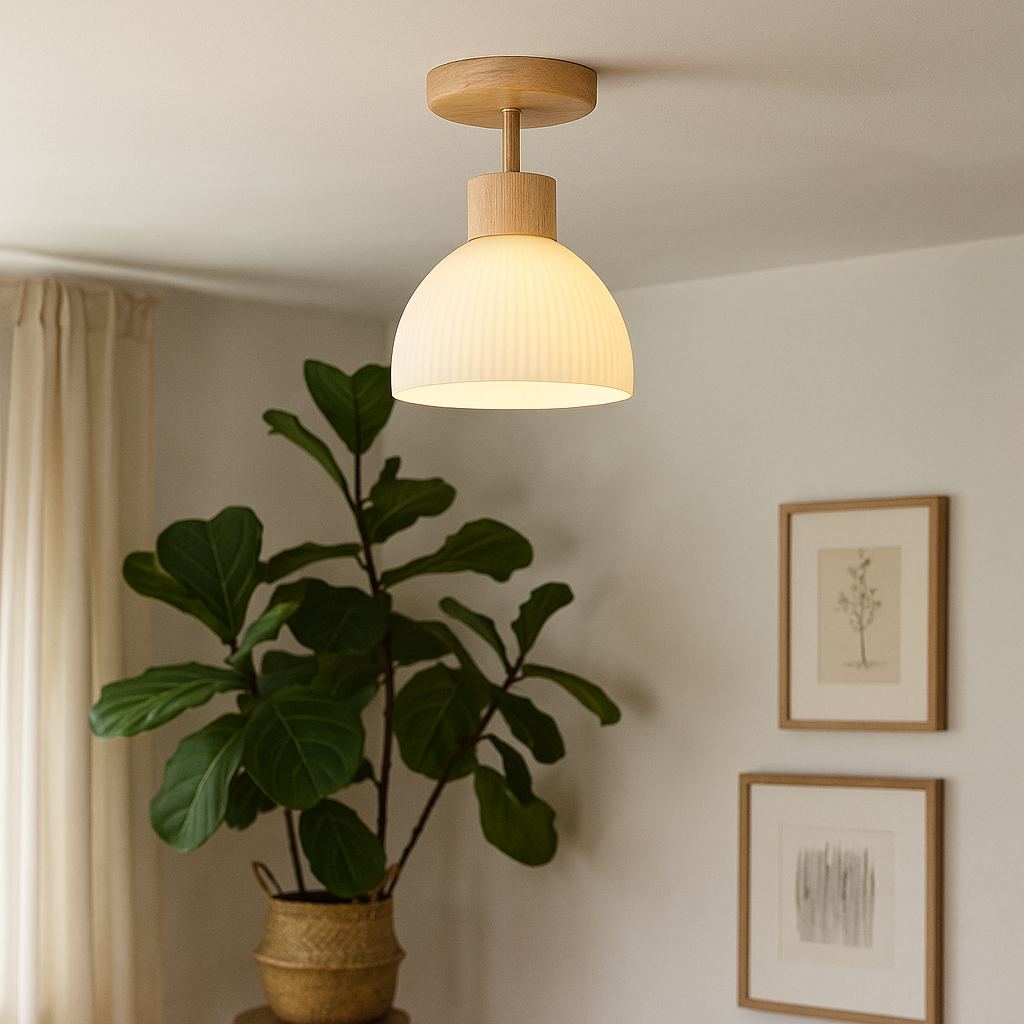 Ailse Modern LED Ceiling Lamp with Natural Wood & Glass Design