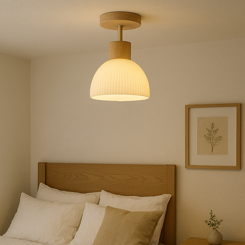 Ailse Modern LED Ceiling Lamp with Natural Wood & Glass Design