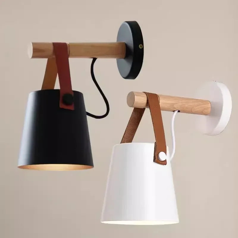 Nordic Wood & Leather Wall Lamp – Stylish Hanging Bedside Light