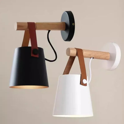 Nordic Wood & Leather Wall Lamp – Stylish Hanging Bedside Light