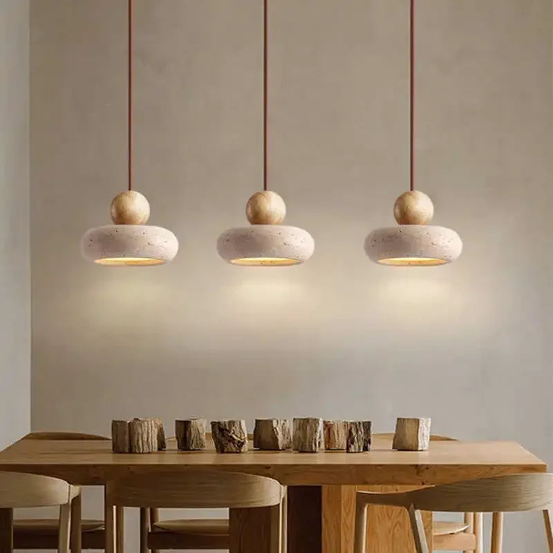 Natural Stone & Wood Pendant Light – Vintage Minimalist Hanging Lamp