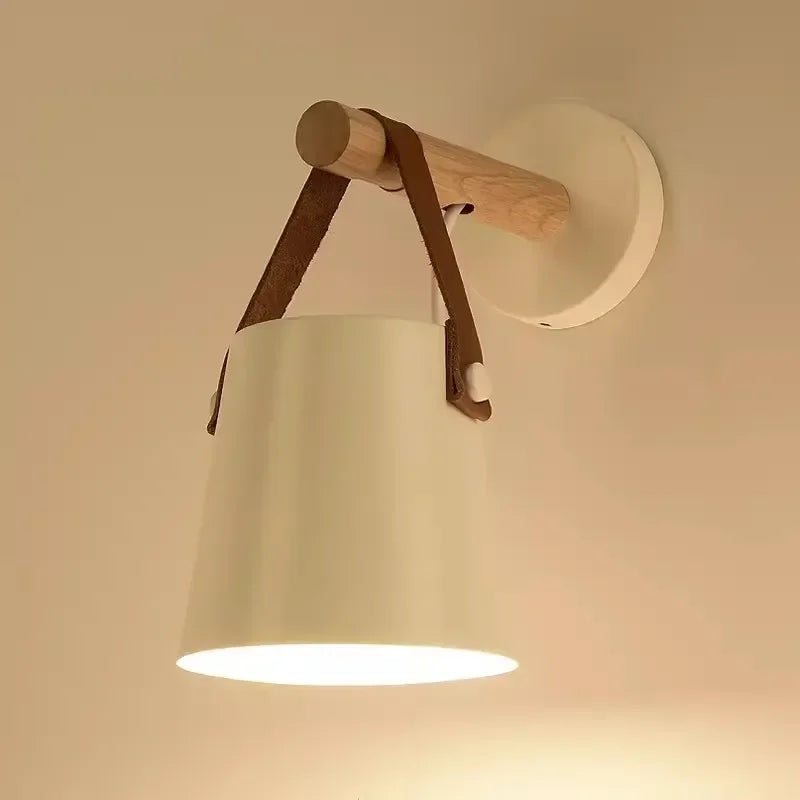 Nordic Wood & Leather Wall Lamp – Stylish Hanging Bedside Light