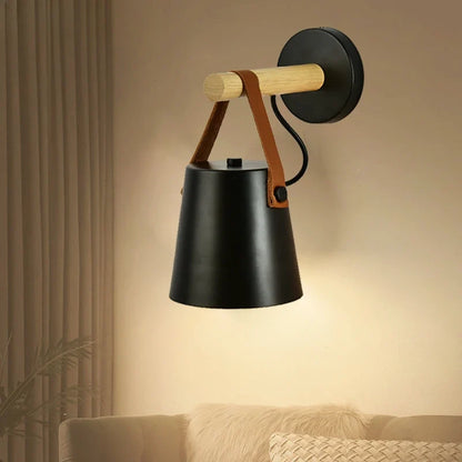 Nordic Wood & Leather Wall Lamp – Stylish Hanging Bedside Light