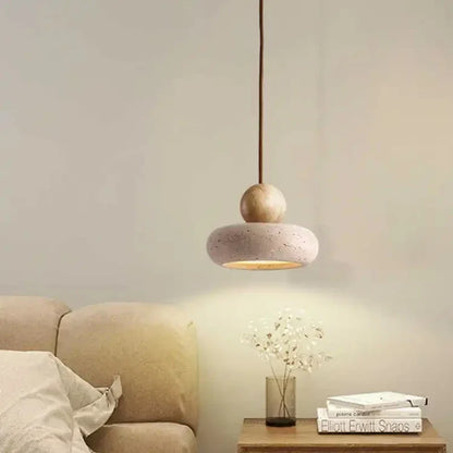 Natural Stone & Wood Pendant Light – Vintage Minimalist Hanging Lamp