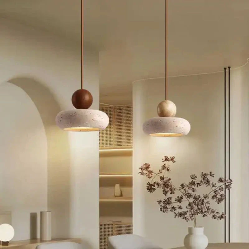 Natural Stone & Wood Pendant Light – Vintage Minimalist Hanging Lamp