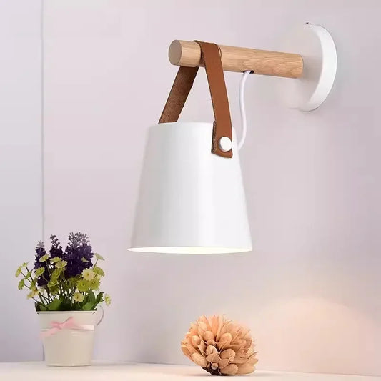 Nordic Wood & Leather Wall Lamp – Stylish Hanging Bedside Light