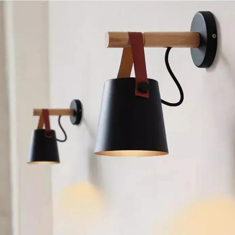 Nordic Wood & Leather Wall Lamp – Stylish Hanging Bedside Light