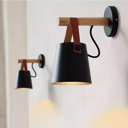 Nordic Wood & Leather Wall Lamp – Stylish Hanging Bedside Light