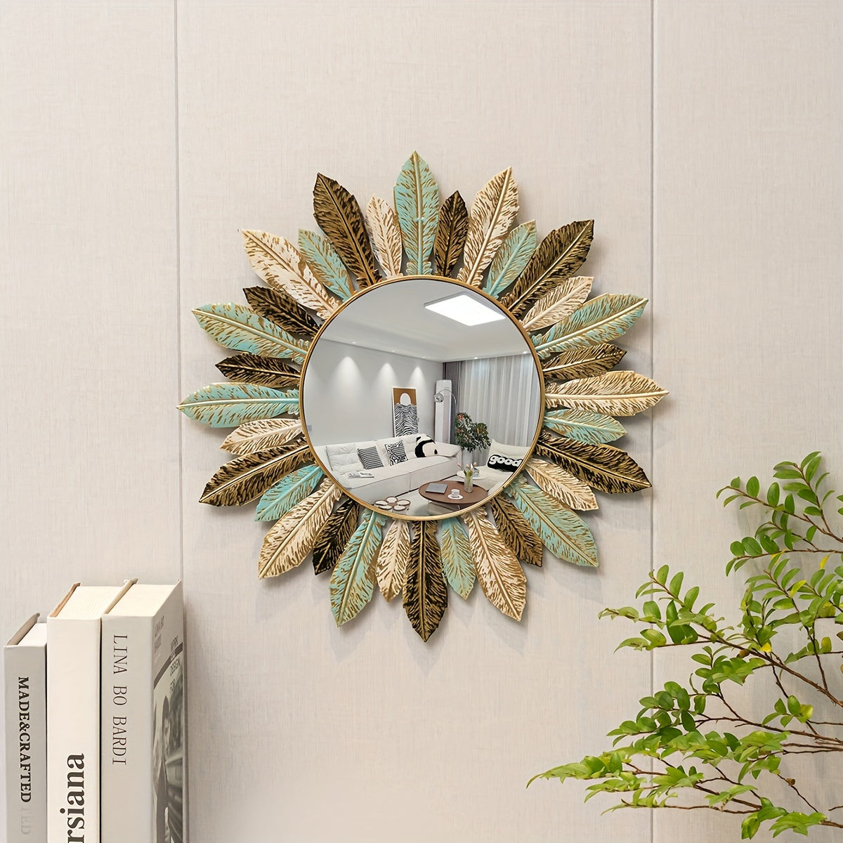 Bohemian Sunburst Metal Wall Mirror – Teal and Gold Leaf Accent Design