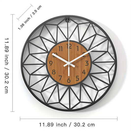 Modern Metal Wall Clock with Elegant Wood-Grain Center Design