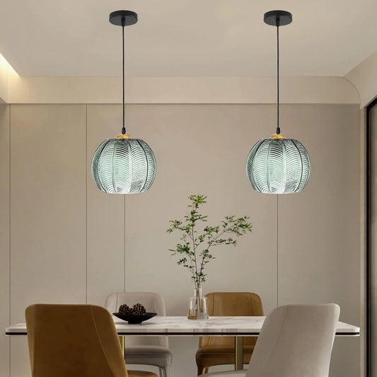 Retro Green Pumpkin Ribbed Glass Pendant Light | Stylish Hanging Ceiling Lamp